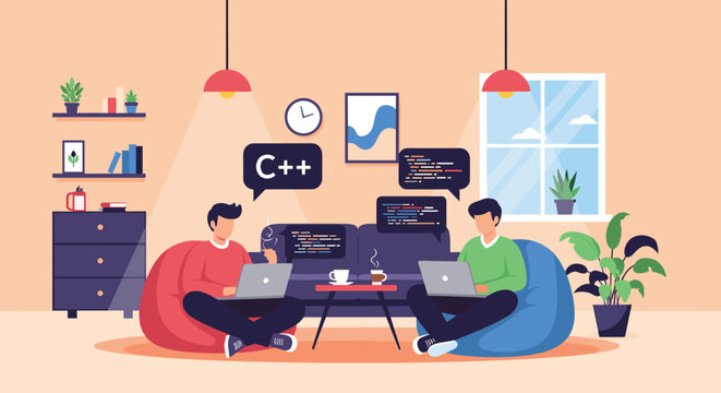 Team of software developers sits on bean bag chairs working on C++ programming code in a modern home office environment.