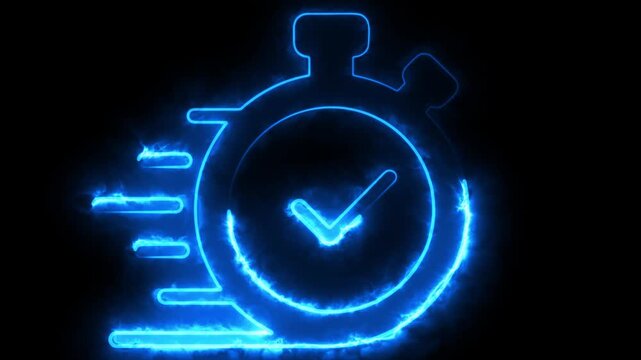 Neon blue stopwatch icon animation glowing electric motion energy lines for speed time concept clip
