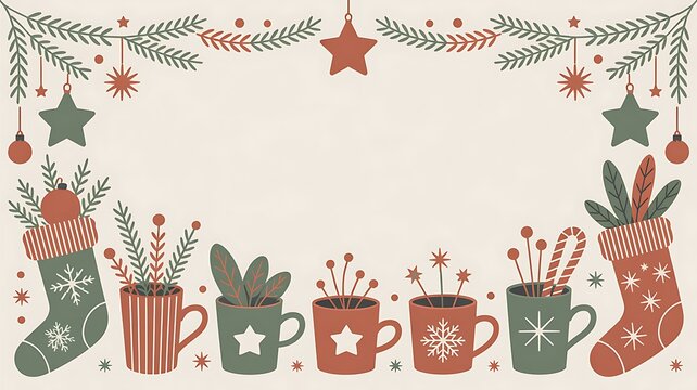 Christmas holiday graphic with festive mugs and decorations border