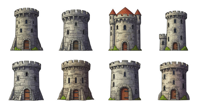 Medieval castle towers with stone walls and battlements stand in a row on a plain
