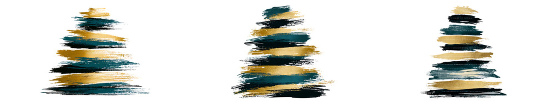 Abstract brush stroke christmas trees in gold and teal isolated on transparent background for holiday decoration