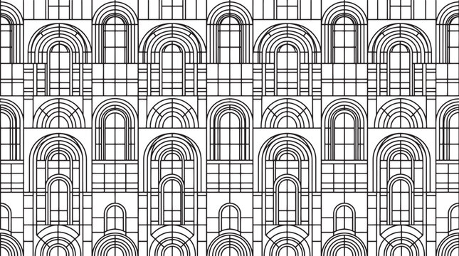 Geometric architectural arch seamless pattern with black and white minimalist window grids and building facade lines