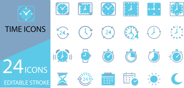 Time icon set. Time management and tracking. Solid icon collection. alarm, schedule, hourglass. date and time, time icon blue and black
