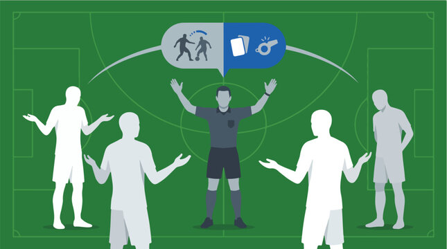 Football Referee Explaining Match Decision to Players on Pitch