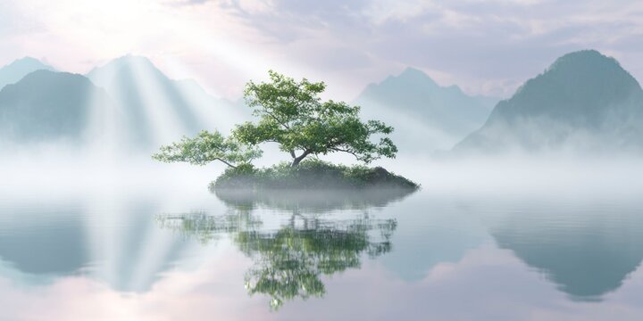 a small island with an old tree in the middle of a lake, foggy morning, sun rays breaking through the clouds, reflection on the water, mountains in the background