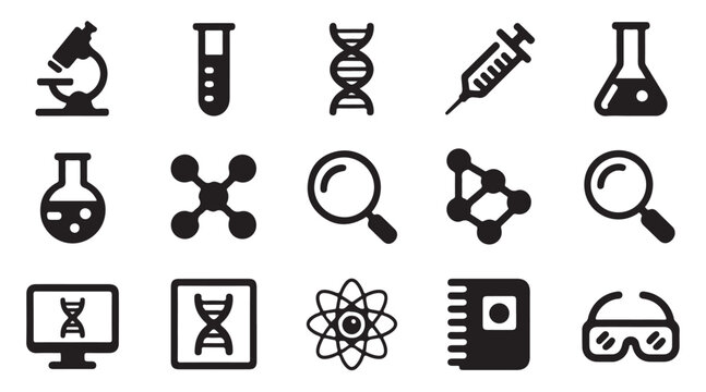 Set of fifteen vector science and laboratory research flat icons on transparent background.