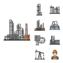 Obraz premium Industrial Plant Icons - Refinery, Factory, and Oil Rig Illustrations.