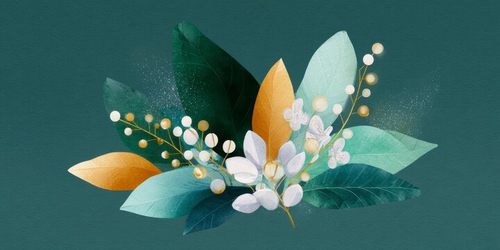 beautiful leaves and flowers with coffee beans, in dark green and golden color