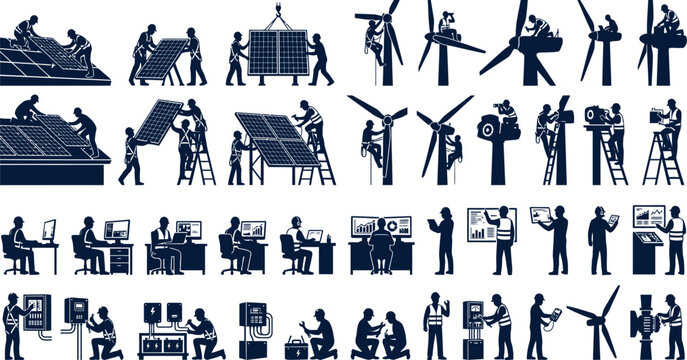 Collection of workers installing and maintaining renewable energy systems and equipment