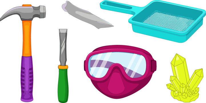 Geology and Crystal Mining Equipment Set with Hammer Chisel Sifting Pan Safety Goggles and Yellow Quartz Crystal Mineral Vector Illustration