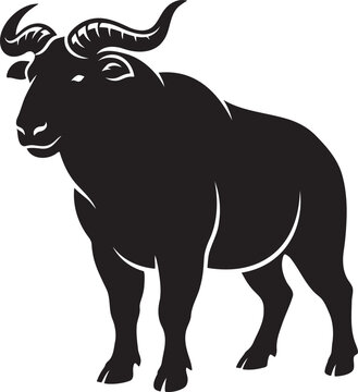Powerful wild bull silhouette icon black vector illustration of a strong water buffalo or anoa with curved horns standing isolated on white background for ranch or sports logo