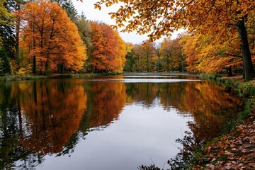 Obraz premium Forest Lake Autumn Still Surface Reflecting Orange