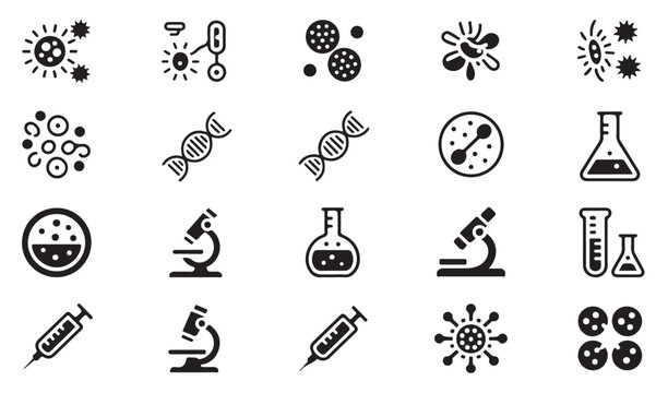 Set of medical and biological research icons including microscope dna and glass beakers.