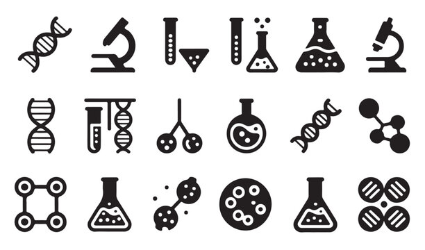 Science laboratory icons for research discovery medical healthcare biology chemistry and technology.