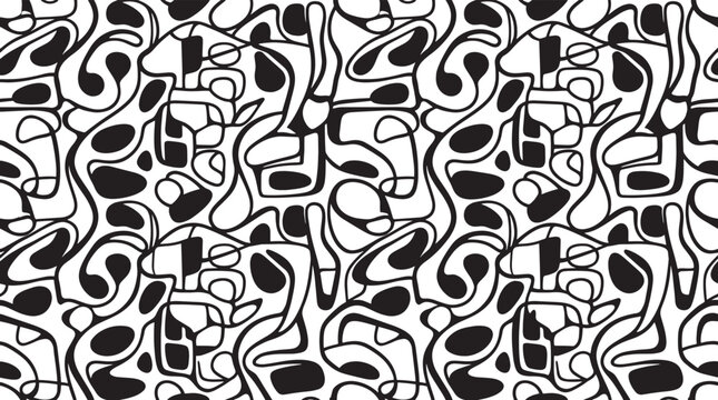 Abstract organic shapes seamless pattern with black and white minimalist fluid lines and liquid curves