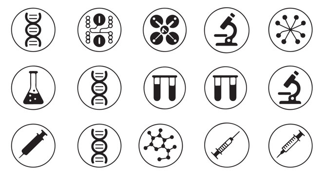 Circular laboratory icons for science education and professional medical research projects.