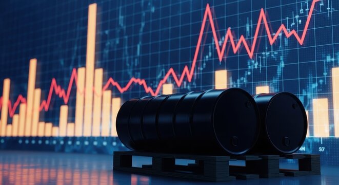 Crude oil price chart with black barrels on pallet, global energy market fluctuations, financial stock exchange data with rising line graph