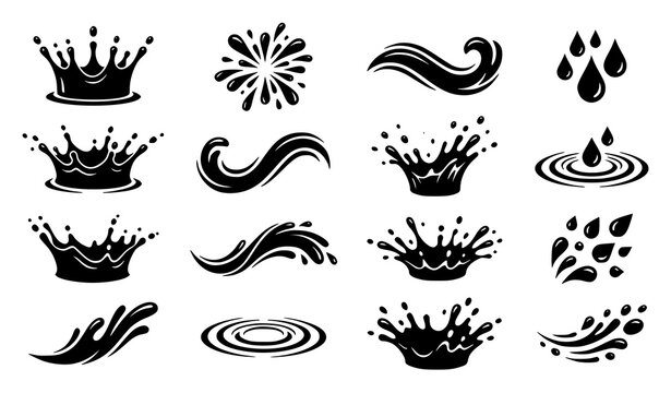 Black water splash icons and fluid wave vector collection