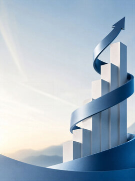 Blue arrow rising spirally around bar chart. Economic growth and business development concept. Financial progress graph showing positive trend for investment strategy and analytics.