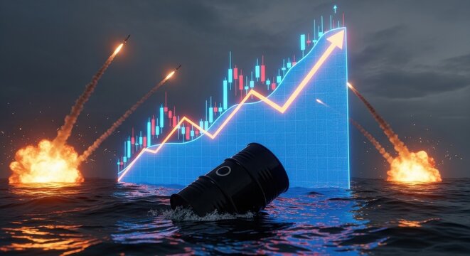 Rising oil prices stock market chart, crude oil barrel floating in ocean with missile explosions, global energy crisis and fuel cost inflation concept