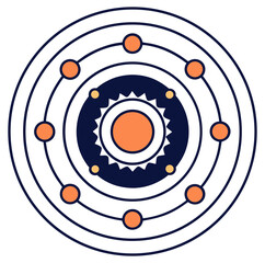 Gear and planetary orbit symbol with orange circles on a white background © SadiaAfrin