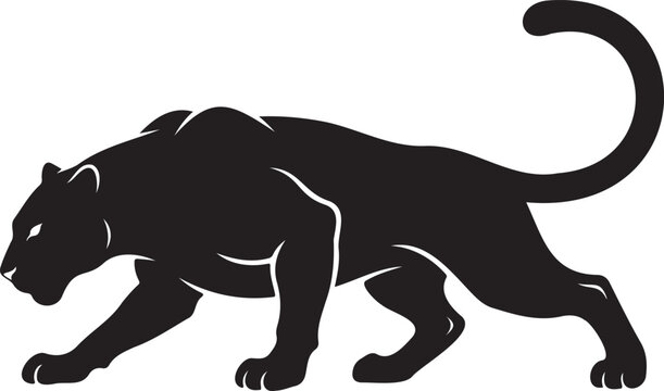 Prowling black panther jaguar leopard vector silhouette walking hunting low pose fierce big cat predator icon isolated on white background for sleek commercial luxury logo t-shirt print design