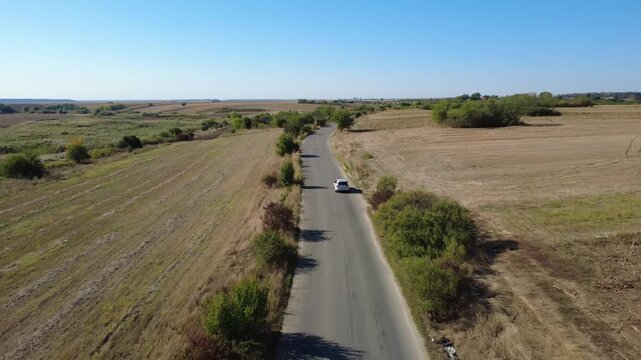 Car Traveling on Asphalt Road Crossing Cultivated Farmland Drone Shot. Drone View Car Driving on Road Through Cultivated Fields.