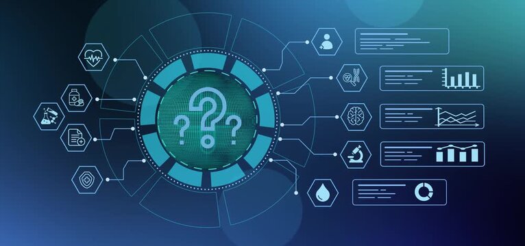Futuristic medical dashboard interface with question mark icon representing clinical diagnostics and health data research.
