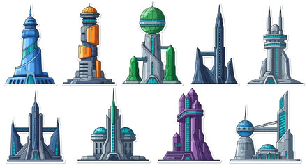 Obraz premium Futuristic cityscape with sleek skyscrapers and futuristic quantum communication towers standing tall in a modern metropolis.