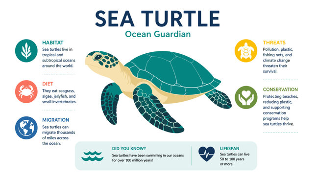Sea turtle illustration highlighting anatomy and conservation information.