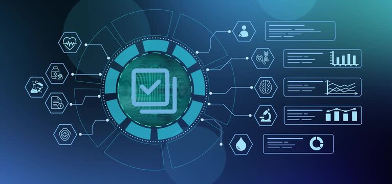 Futuristic electronic health record interface with verification checklist icon for medical compliance and auditing data.