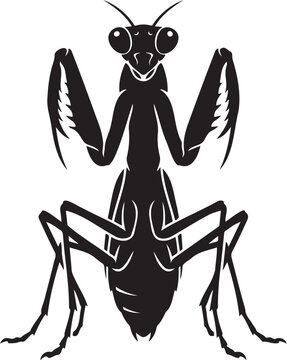 Praying mantis insect vector silhouette front view macro wildlife bug predator icon detailed abstract symmetrical design isolated on white background for modern commercial business logo emblem t-shirt
