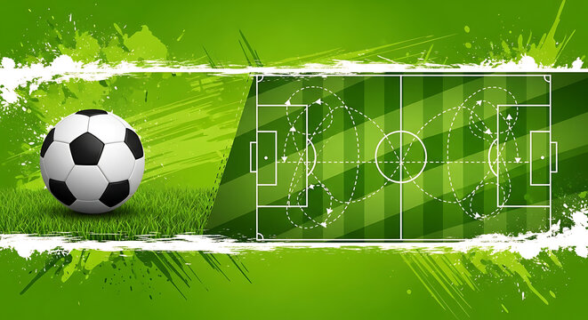Soccer ball on green field with abstract stadium pitch diagram overlay football background tournament competition abstract training athletic