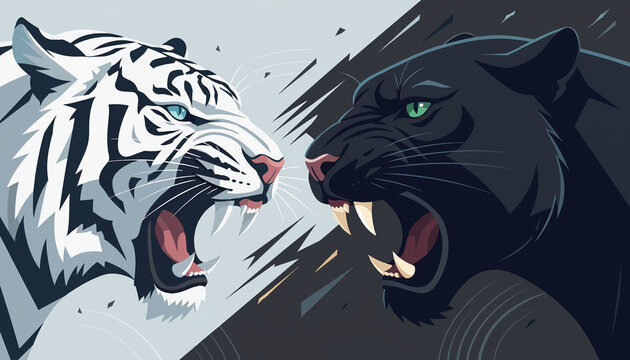 Aggressive white tiger and black panther facing each other in a stylized illustration.