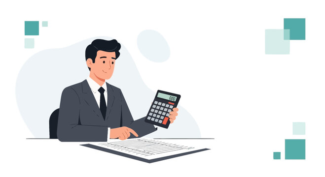 Businessman calculating with calculator and spreadsheet on desk, modern flat illustration concept