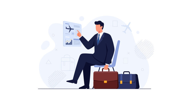 Businessman checking flight information on digital screen at airport lounge with luggage, business travel concept