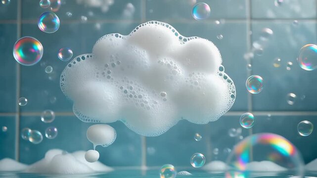 Cloud Shaped Soap Foam with Floating Bubbles in Blue Bathroom