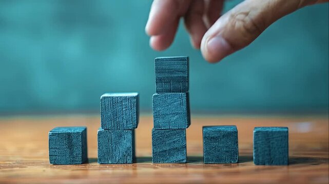 Hand placing a blue wooden block on top of a stack to build a bar graph on a wooden table
