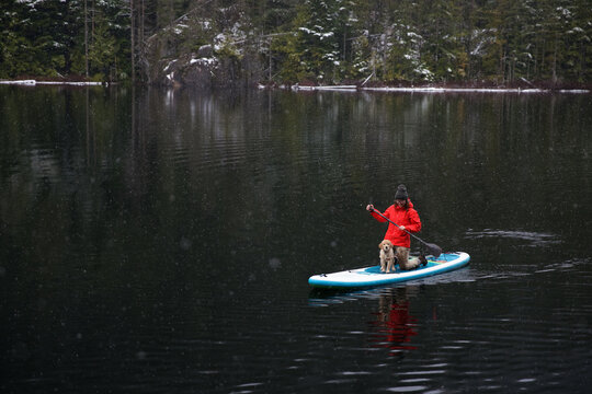 Paddleboarding with a puppy on a snowy winter morning