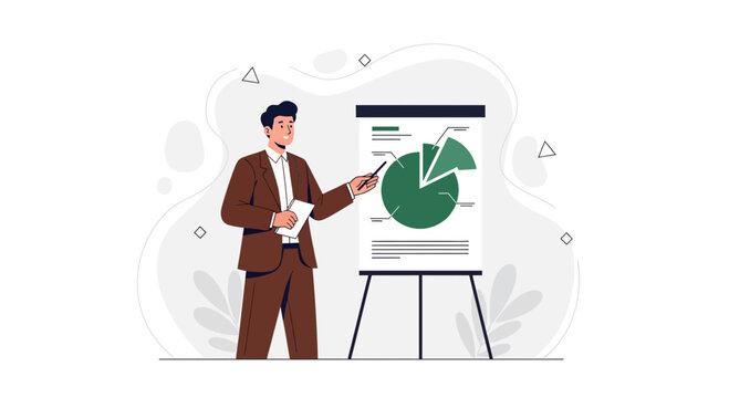 Business presentation with pie chart on flip chart, man in suit explaining data, modern flat illustration