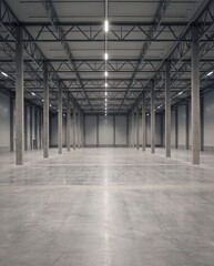 Naklejka premium Vacant Commercial Warehouse Hall with modern distribution hall and open floor area, brochure-ready scene for Industrial Property Advertising