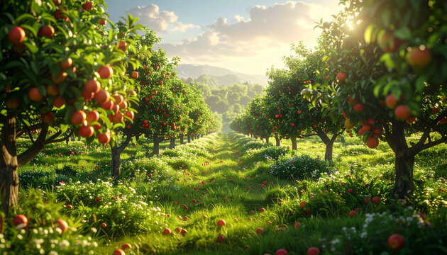 Sunlit apple orchard with ripe red fruits at golden hour sunset