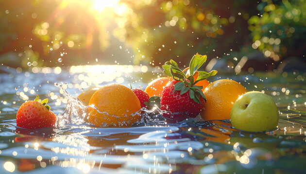Fresh Fruits Splashing in Sparkling Water Under Golden Sunlight