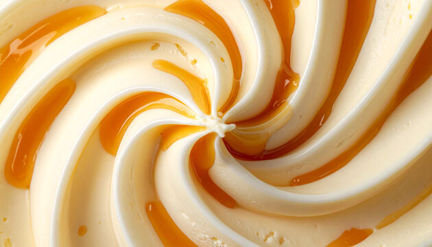 Swirled vanilla ice cream with rich golden caramel sauce macro