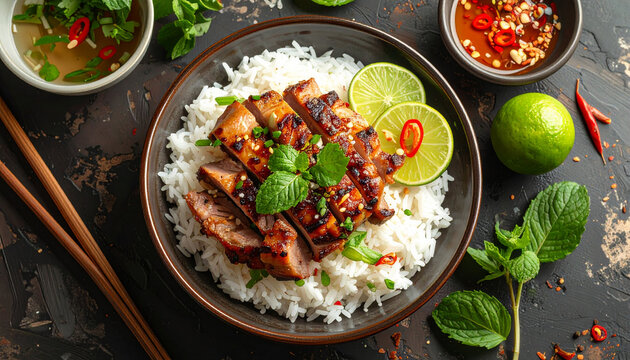 Thai Style Grilled Meat on Rice with Lime and Chili