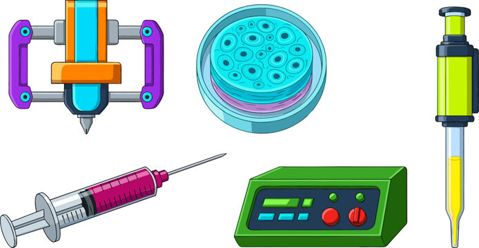 Biotechnology and 3D Bioprinting Laboratory Equipment Set with Cell Culture Petri Dish Syringe Pipette and Control Device Vector Illustration Isolated on White