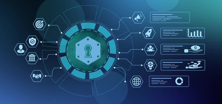 Abstract digital cyber security dashboard with network lock protection data technology.