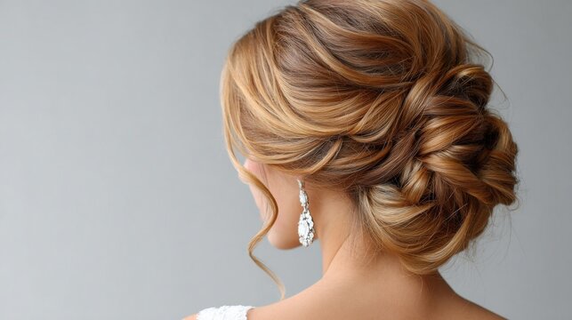 Elegant woman with stylish updo and earrings, showcasing a refined look.