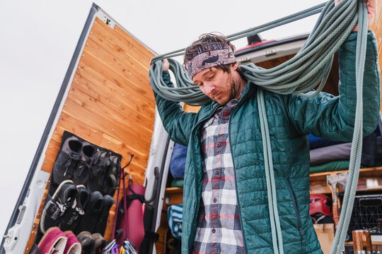 rock Climber Prepares for Outdoor Adventure 