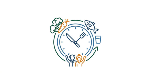 Healthy eating clock with food and people icons.
